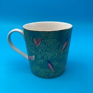 Sara Miller London Portmeirion Green Bird Floral Gold Trim Coffee Mug Tea Cup